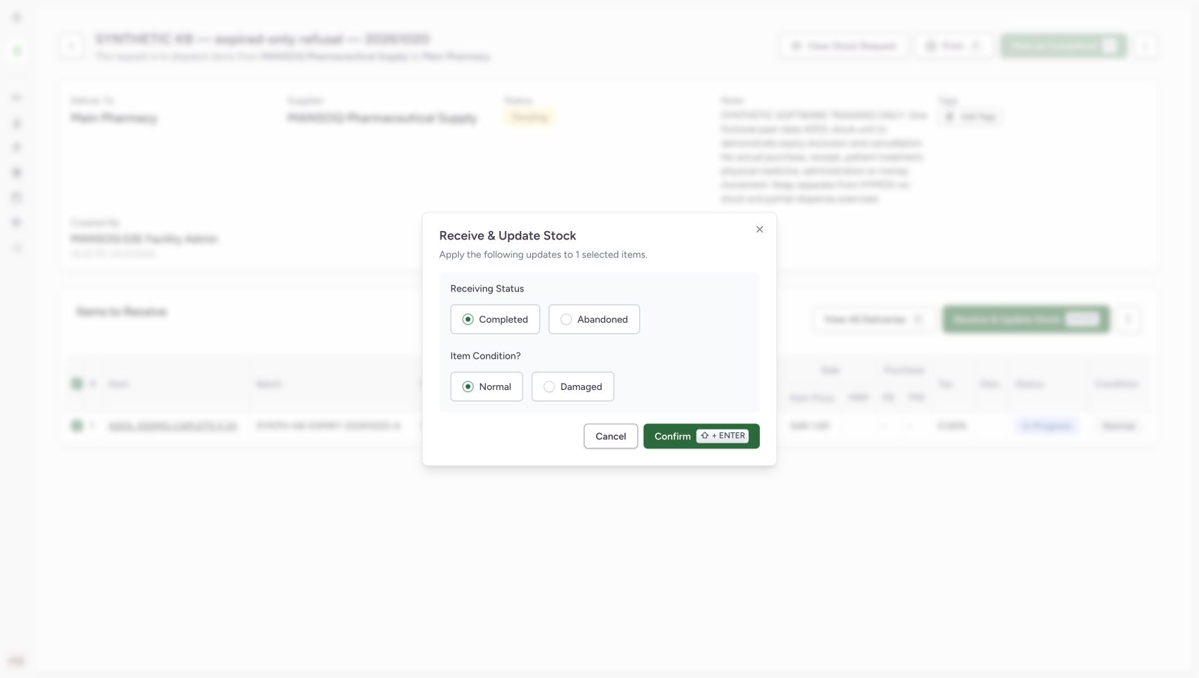 Receive & Update Stock applies to one selected item, with Completed and Normal selected and Confirm available. These fixture values do not qualify expired goods as usable.
