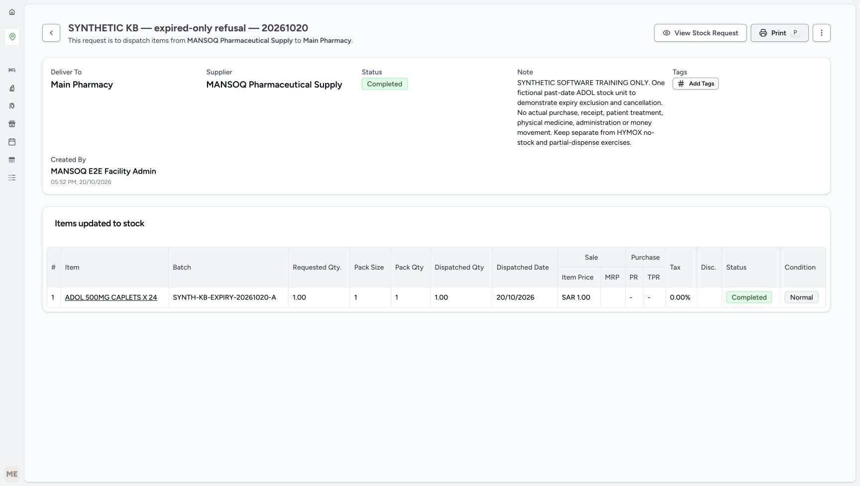 The delivery header is Completed and Items updated to stock contains the same one Completed Normal unit.