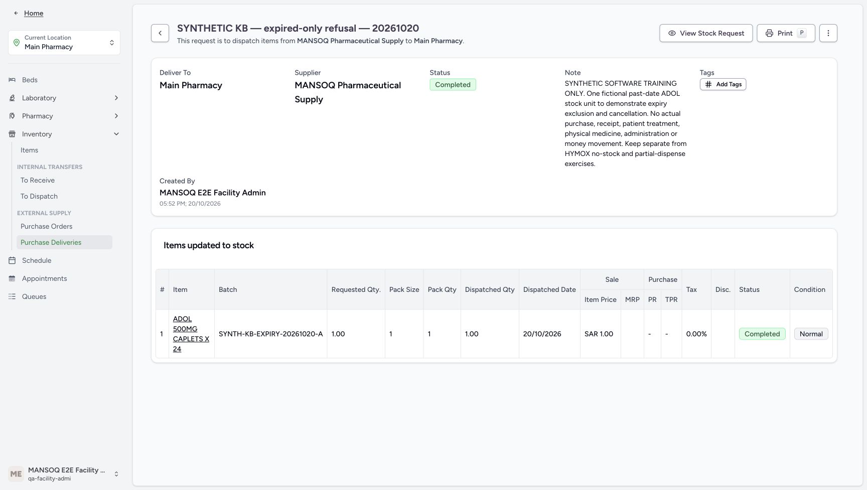 The saved delivery remains Completed while the expanded Main Pharmacy Inventory menu shows Items.