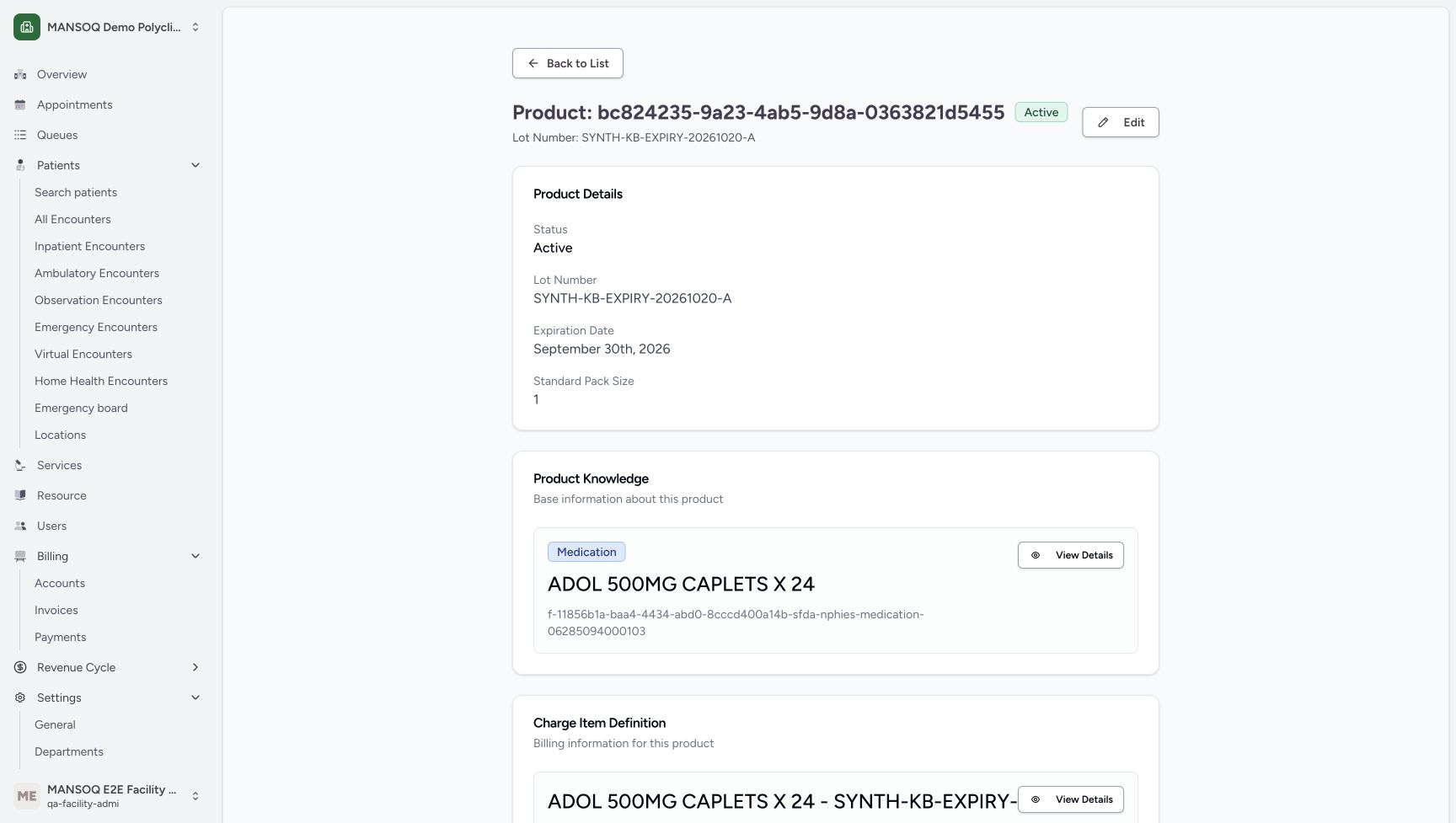 The saved Product shows the synthetic batch, September 30th, 2026 expiry, pack size 1, Active lifecycle and linked ADOL master code 06285094000103.
