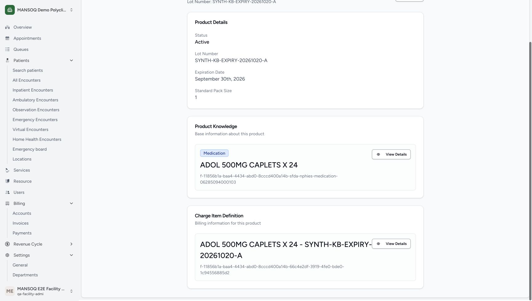 The scrolled Product view shows the separate Charge Item Definition card and its lower View Details, distinct from the upper master link.