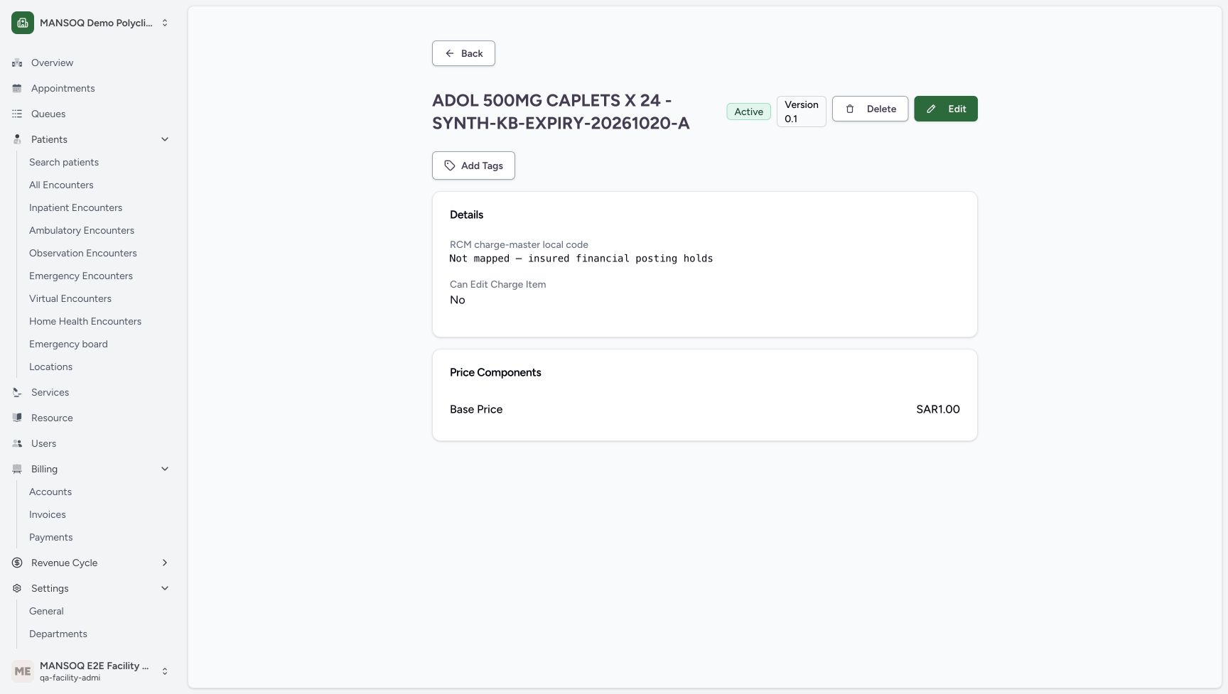 The separate ADOL batch definition has Base Price SAR 1.00, the unmapped insured-posting warning and Can Edit Charge Item No; no invoice or payment is shown.