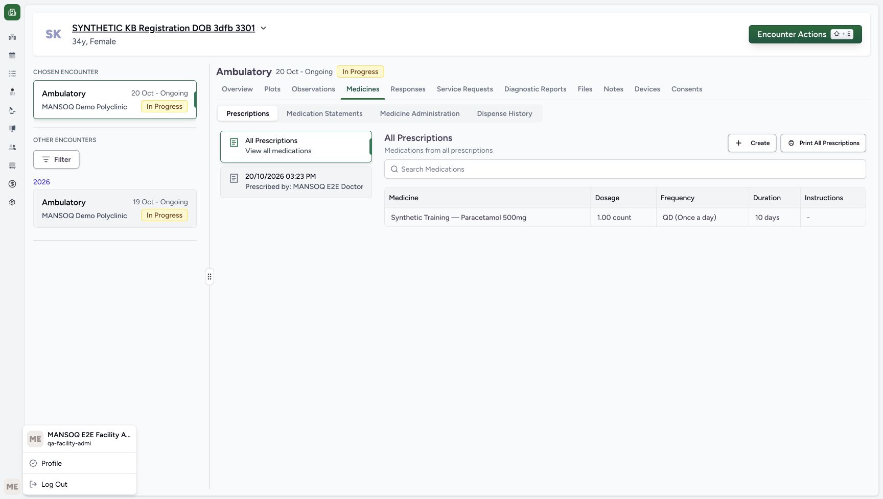 The account menu shows the existing Facility Admin training account; the clinical page behind it is not changed by this setup lesson.