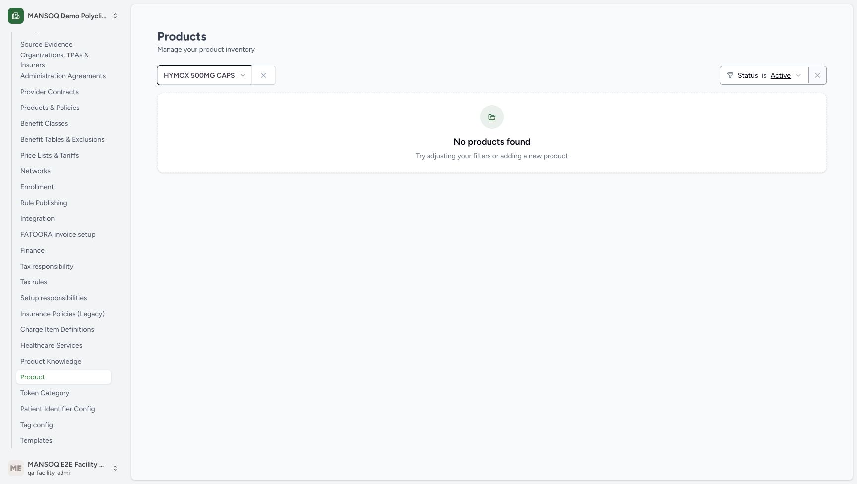 HYMOX 500MG CAPS is selected and this Active Product view reports No products found.