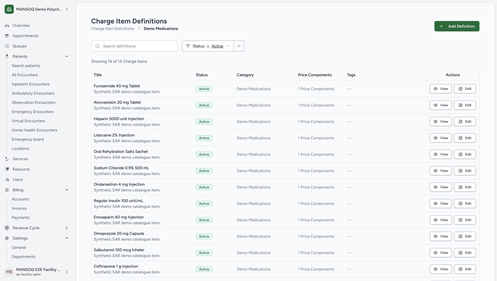 The Charge Item Definitions page is inside the existing Demo Medications category.