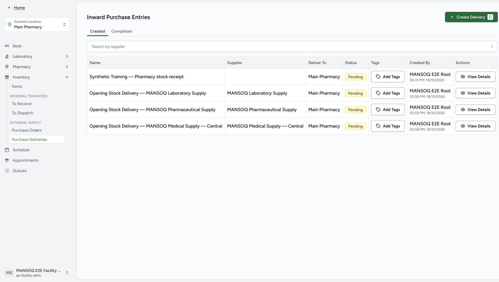 Main Pharmacy Purchase Deliveries displays Inward Purchase Entries and Create Delivery.