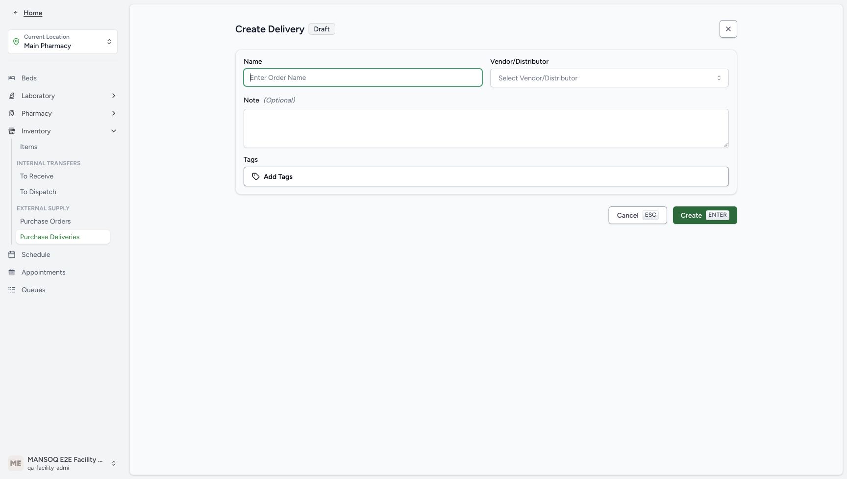 Create Delivery Draft has Name and Vendor or Distributor fields, an optional Note and Create.