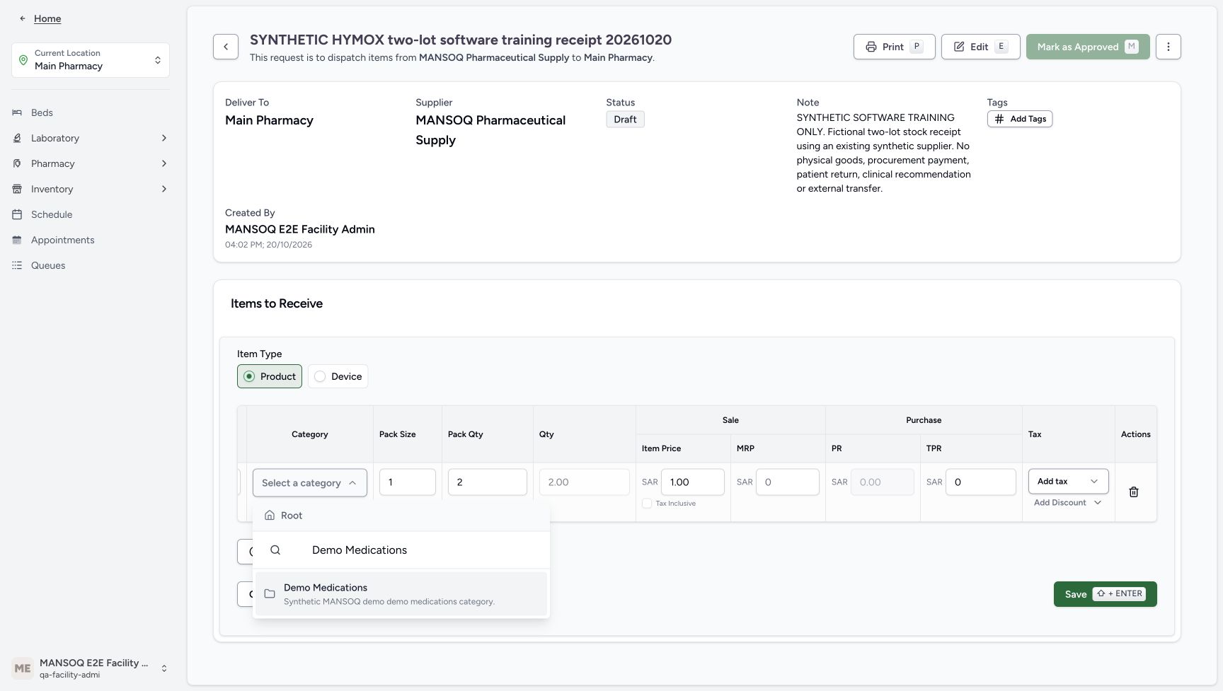 The first row category picker offers existing Demo Medications; the row has pack quantity two and sale price one SAR.