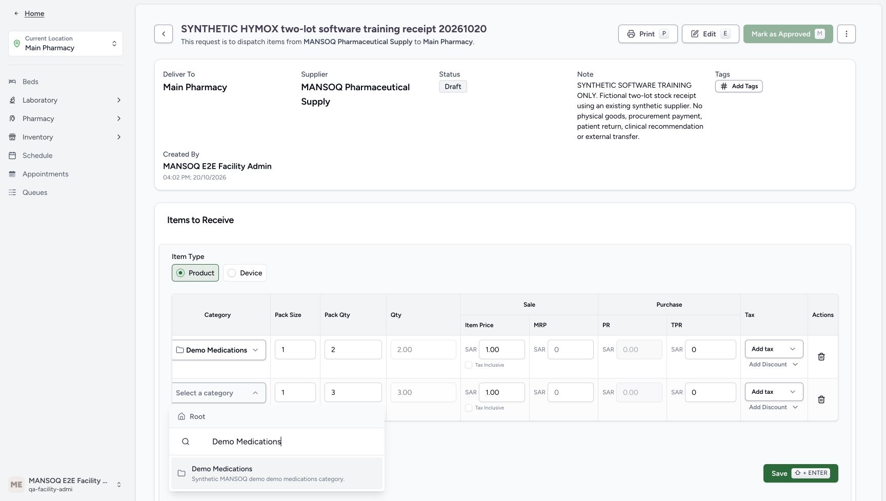The second row category picker offers existing Demo Medications with pack quantity three and sale price one SAR.