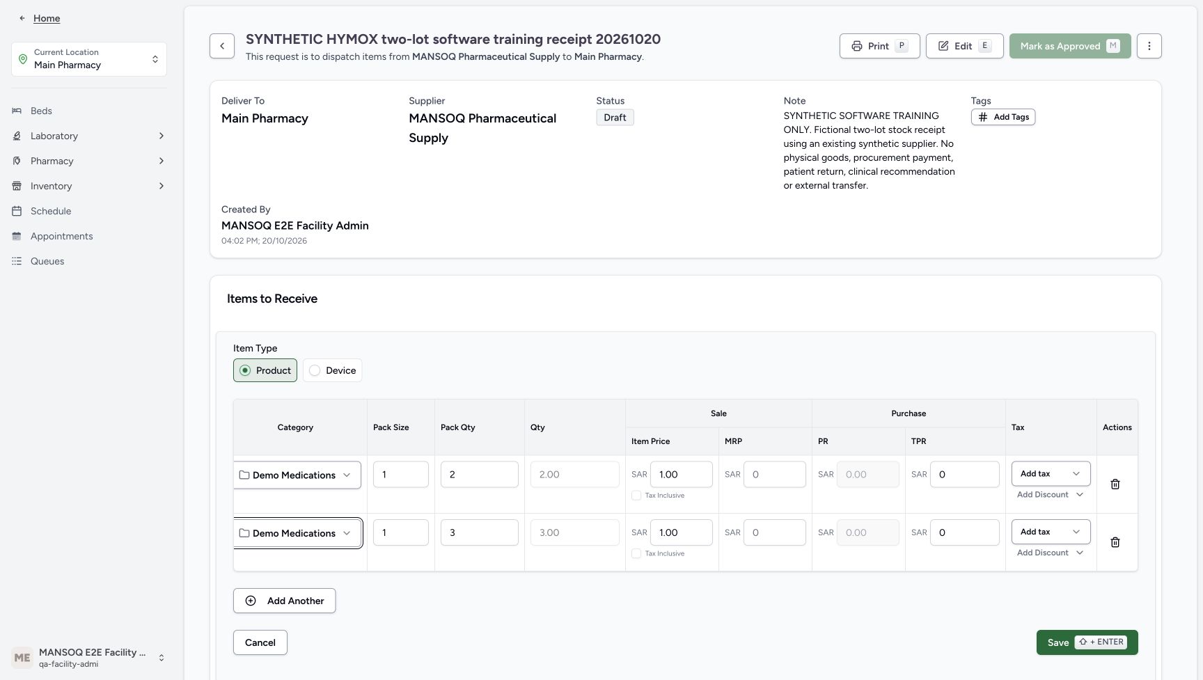 The horizontally scrolled form shows both synthetic rows with quantities two and three, one SAR sale price each, zero purchase values and no selected tax.