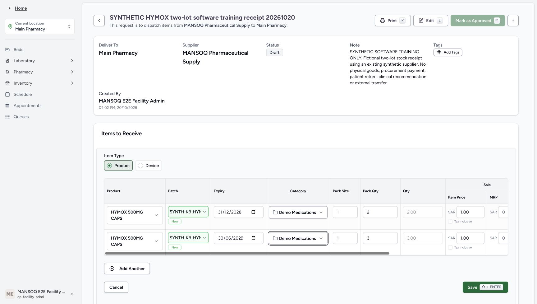 The left-side form view shows both HYMOX rows, new synthetic batch fields, A expiry 31/12/2028 and B expiry 30/06/2029.