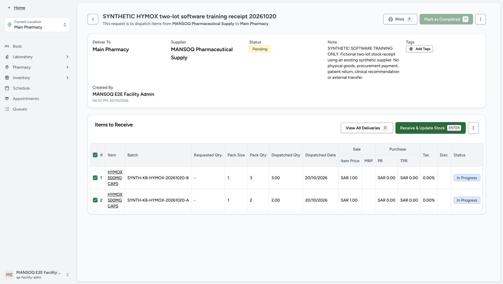 The parent is Pending, both receipt rows are selected, and Receive & Update Stock is enabled.