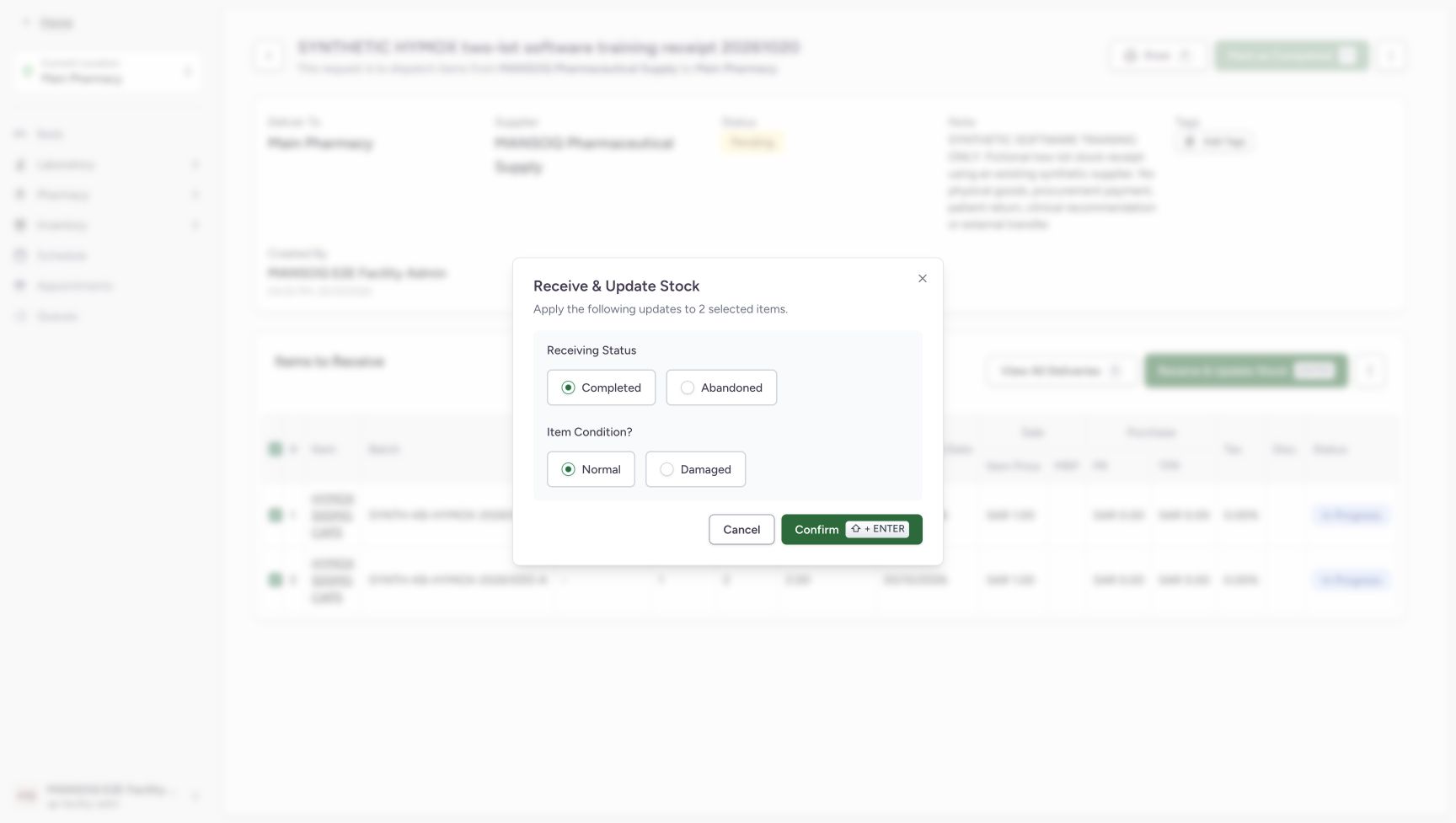 The web confirmation applies to exactly two selected items with Completed and Normal chosen.