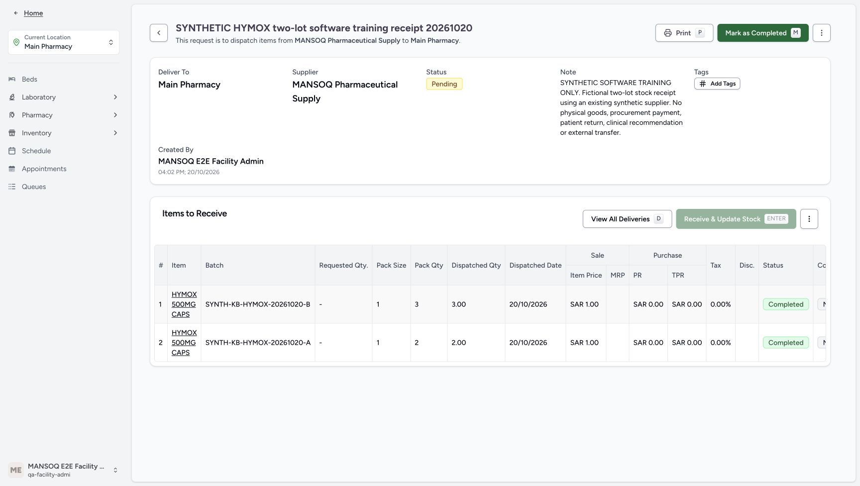 Both rows are Completed while the parent is still Pending; Mark as Completed is enabled and Receive & Update Stock is disabled.
