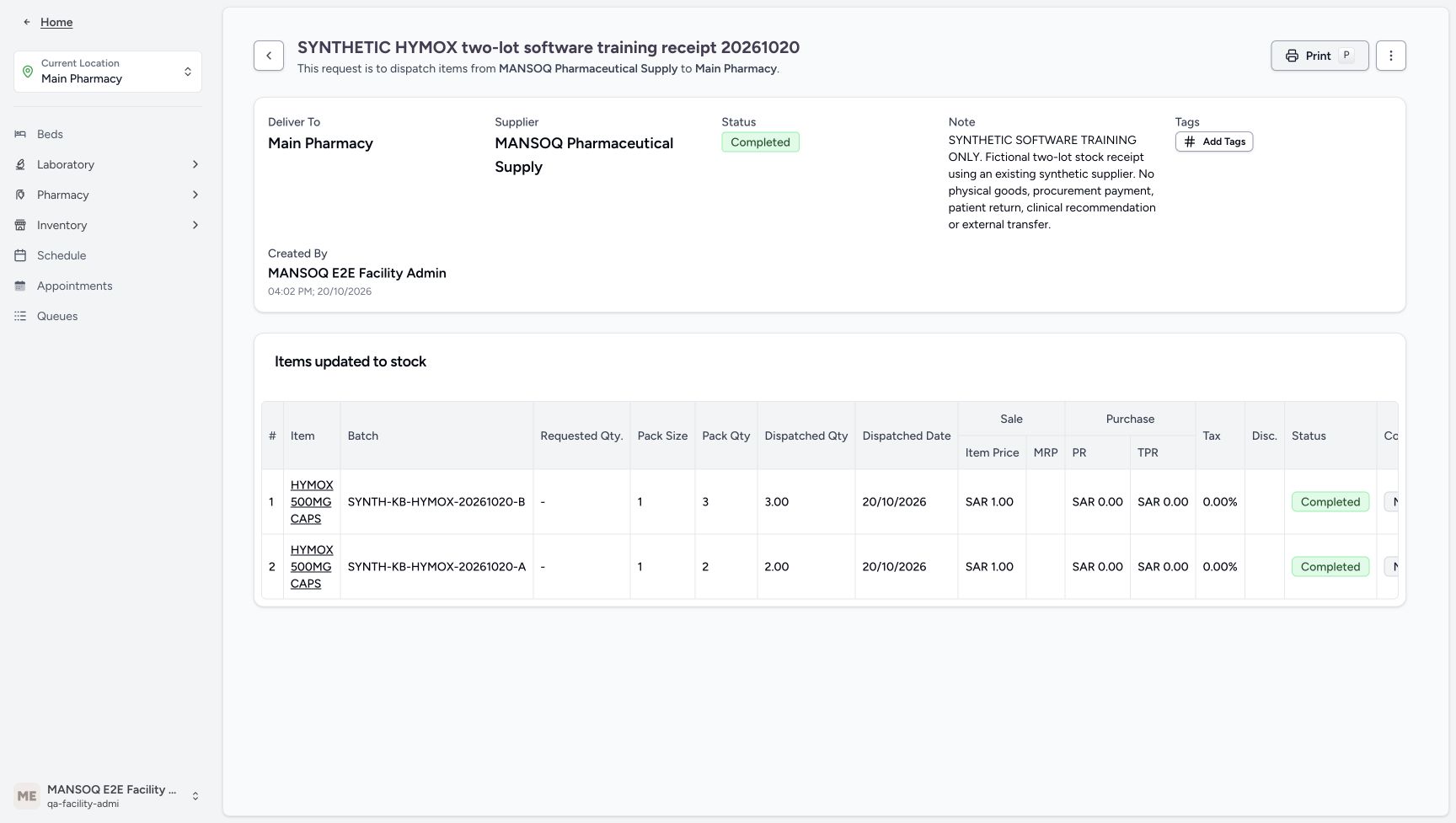 The parent is Completed and the same two completed rows appear under Items updated to stock.