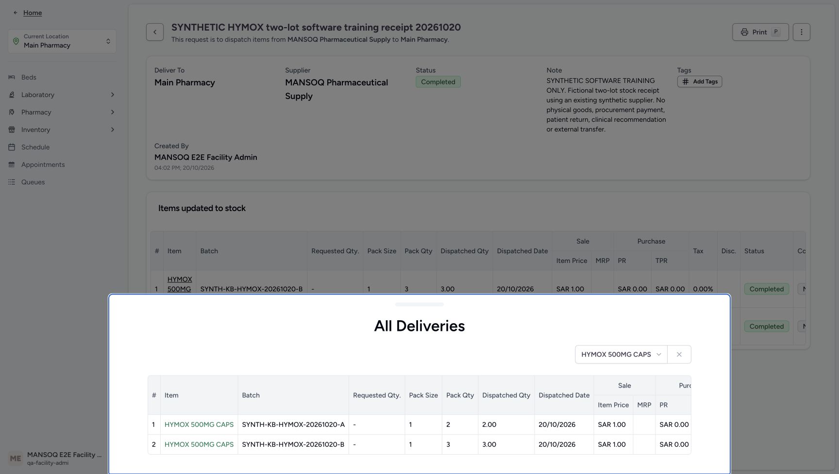 The All Deliveries drawer has distinct saved A and B Product links with quantities two and three.