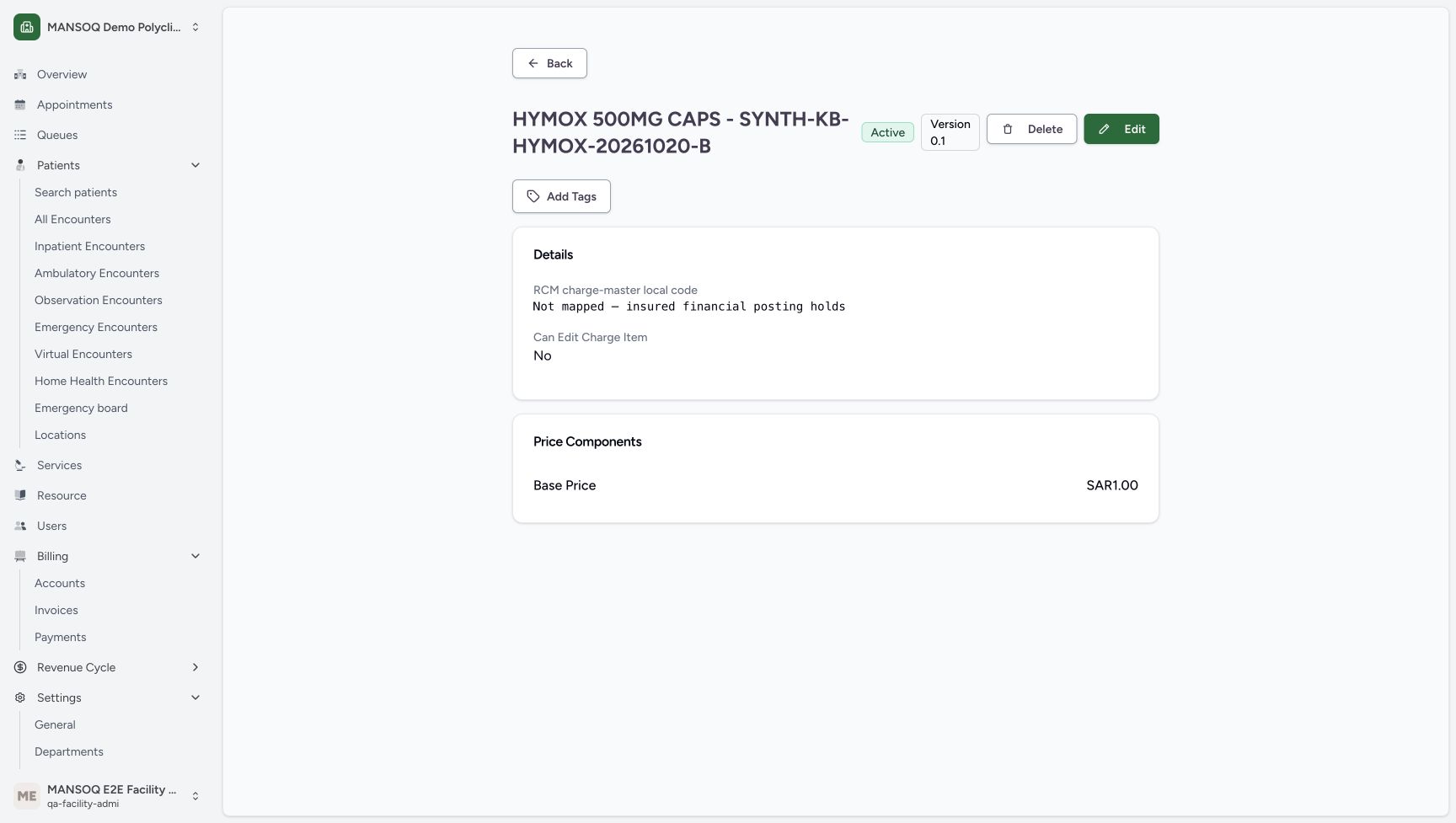 The separate B charge definition also shows Base Price SAR 1.00 and the explicit unmapped insured posting warning.