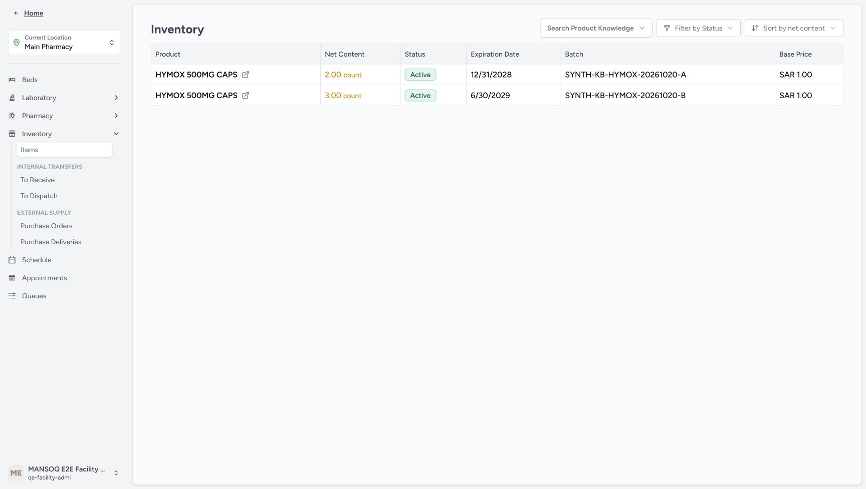After reload the two A and B rows remain at two and three count; the search button displays Search Product Knowledge.