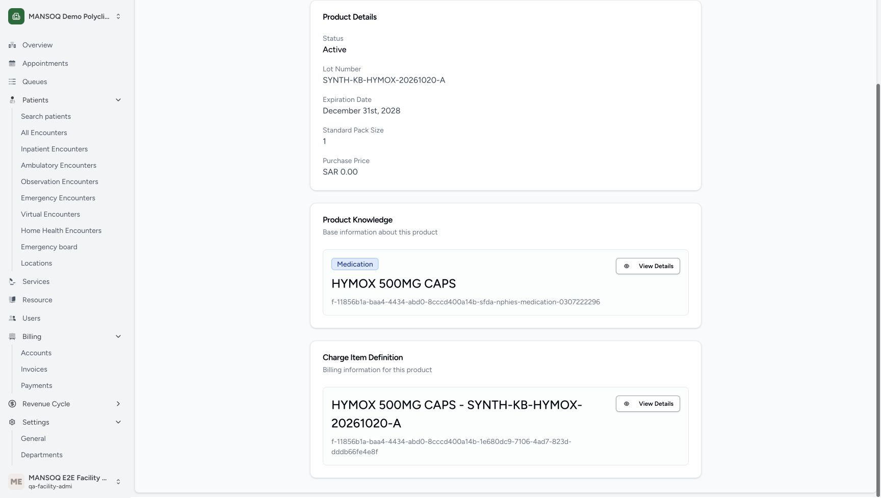 This later read-only A Product view visibly shows the separate Charge Item Definition title, slug and lower View Details link.