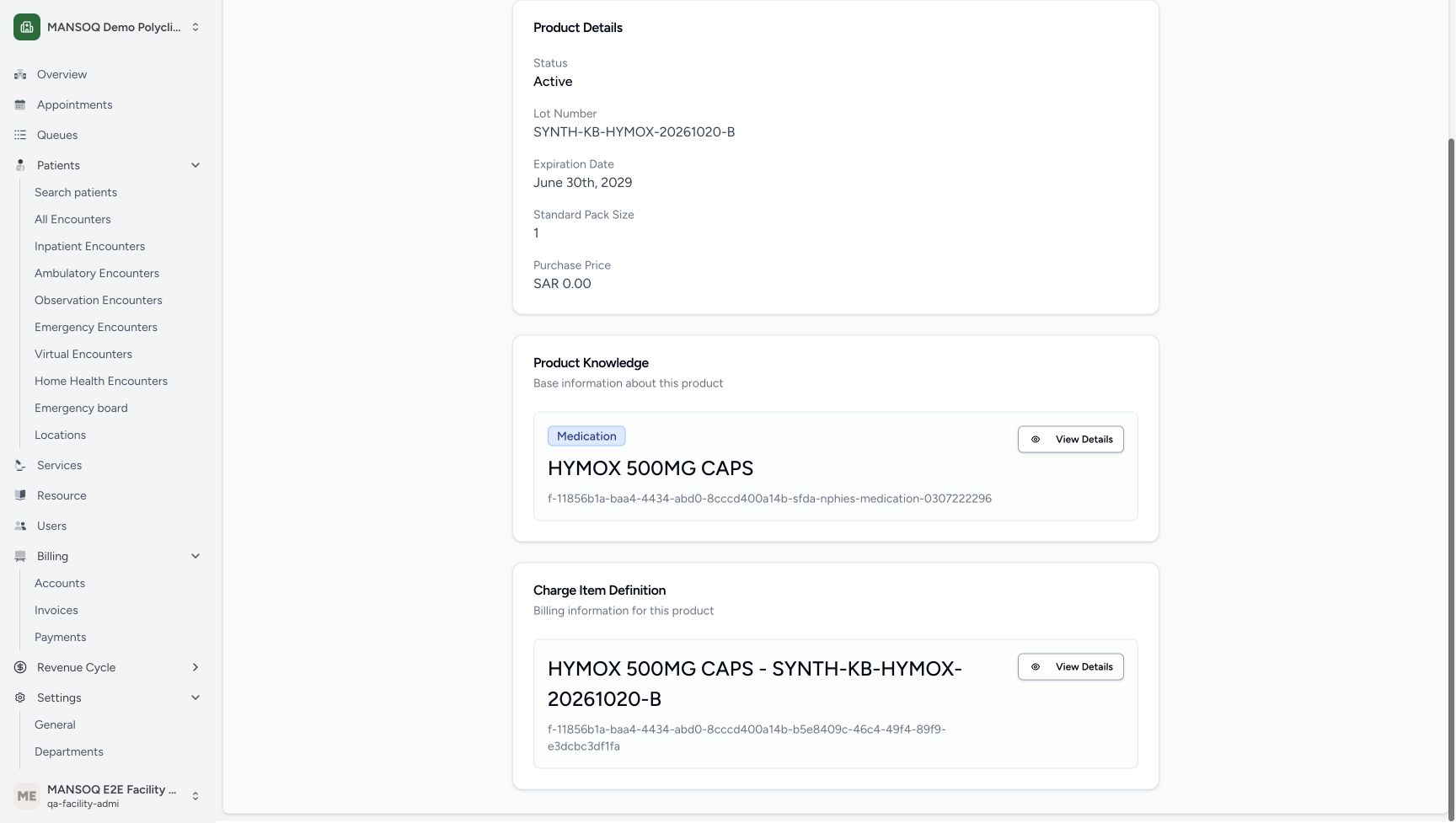 This later read-only B Product view visibly shows its distinct Charge Item Definition title, slug and lower View Details link.
