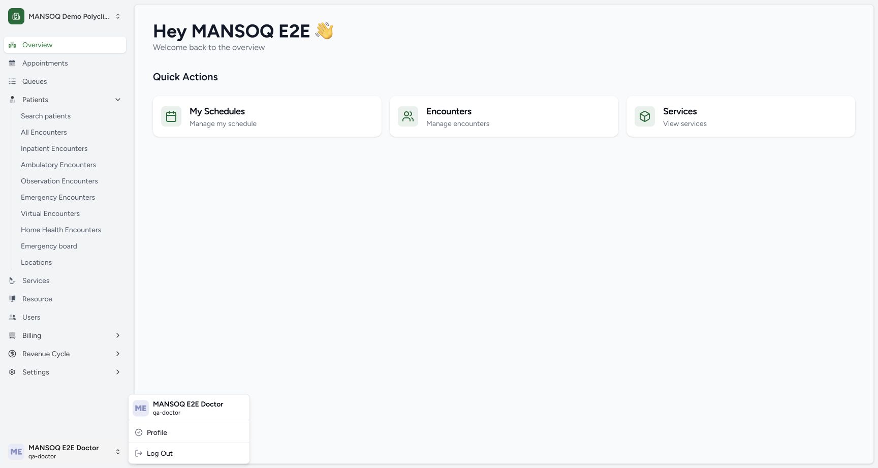 The genuine account menu shows MANSOQ E2E Doctor and qa-doctor.
