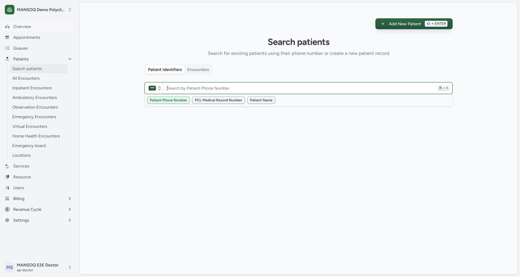 Search patients opens with Patient Phone Number selected and an empty Saudi phone field.
