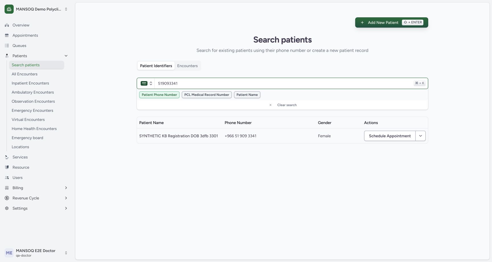 The existing synthetic registration patient is listed with the matching Saudi phone number and row action dropdown.