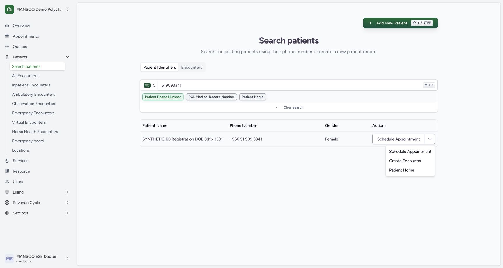 The patient row menu offers Patient Home separately from Create Encounter and Schedule Appointment.