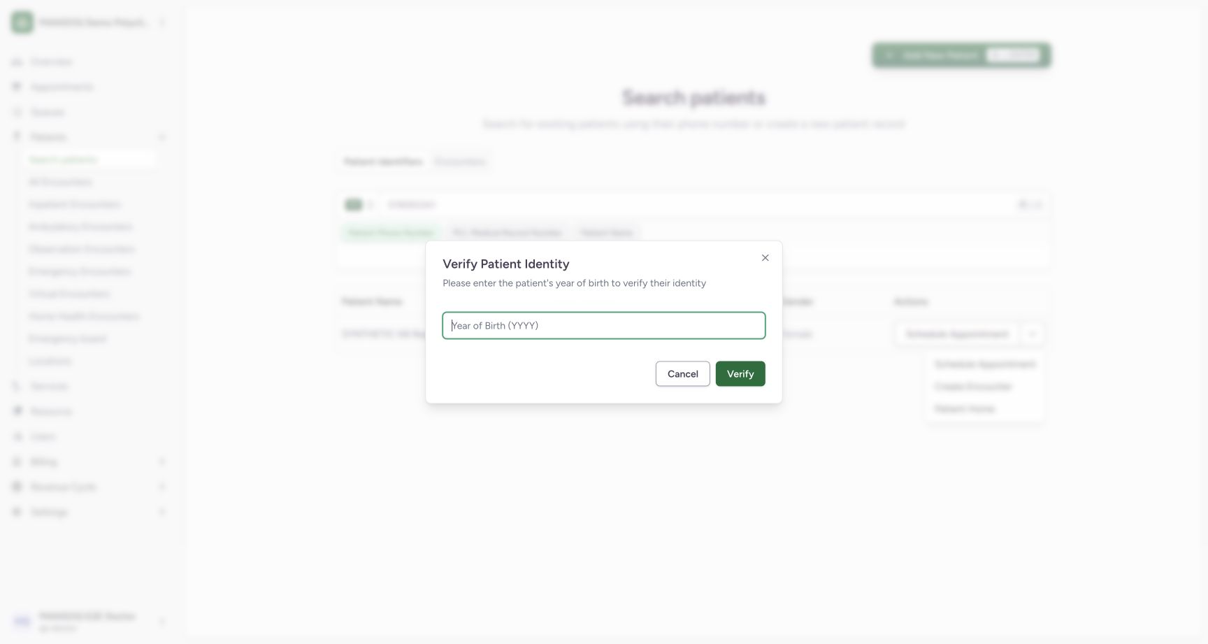 Verify Patient Identity requests a year of birth; Patient Home has not yet settled.