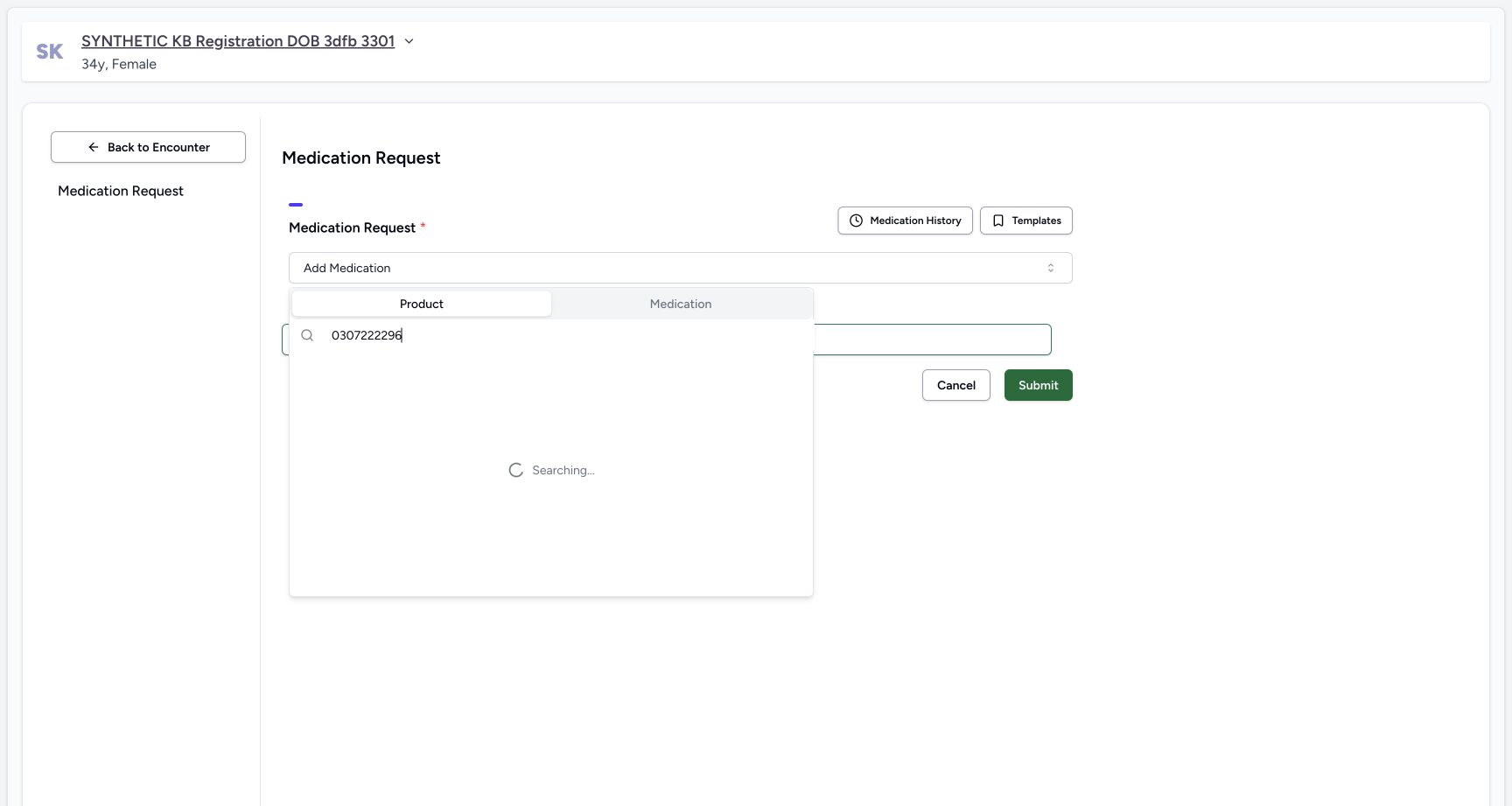 The Product tab is searched for 0307222296 while the result list still displays Searching.