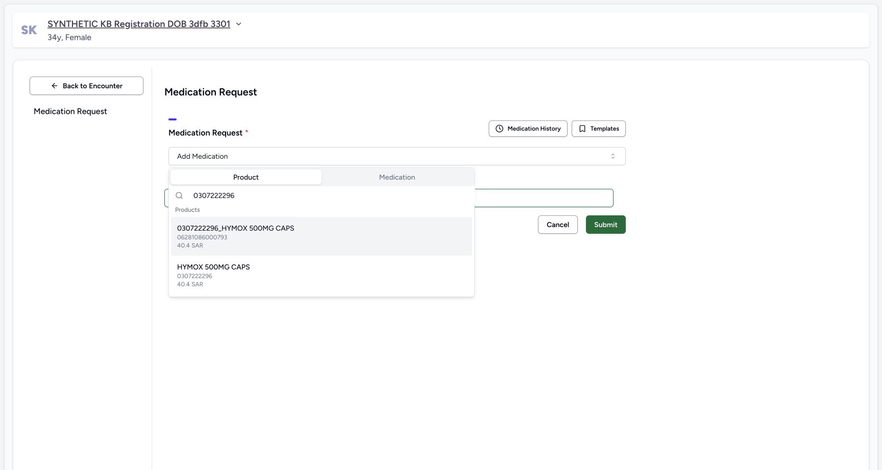 The settled Product list has an upper GTIN result with the registration number in its name and a lower HYMOX result whose actual code is 0307222296.