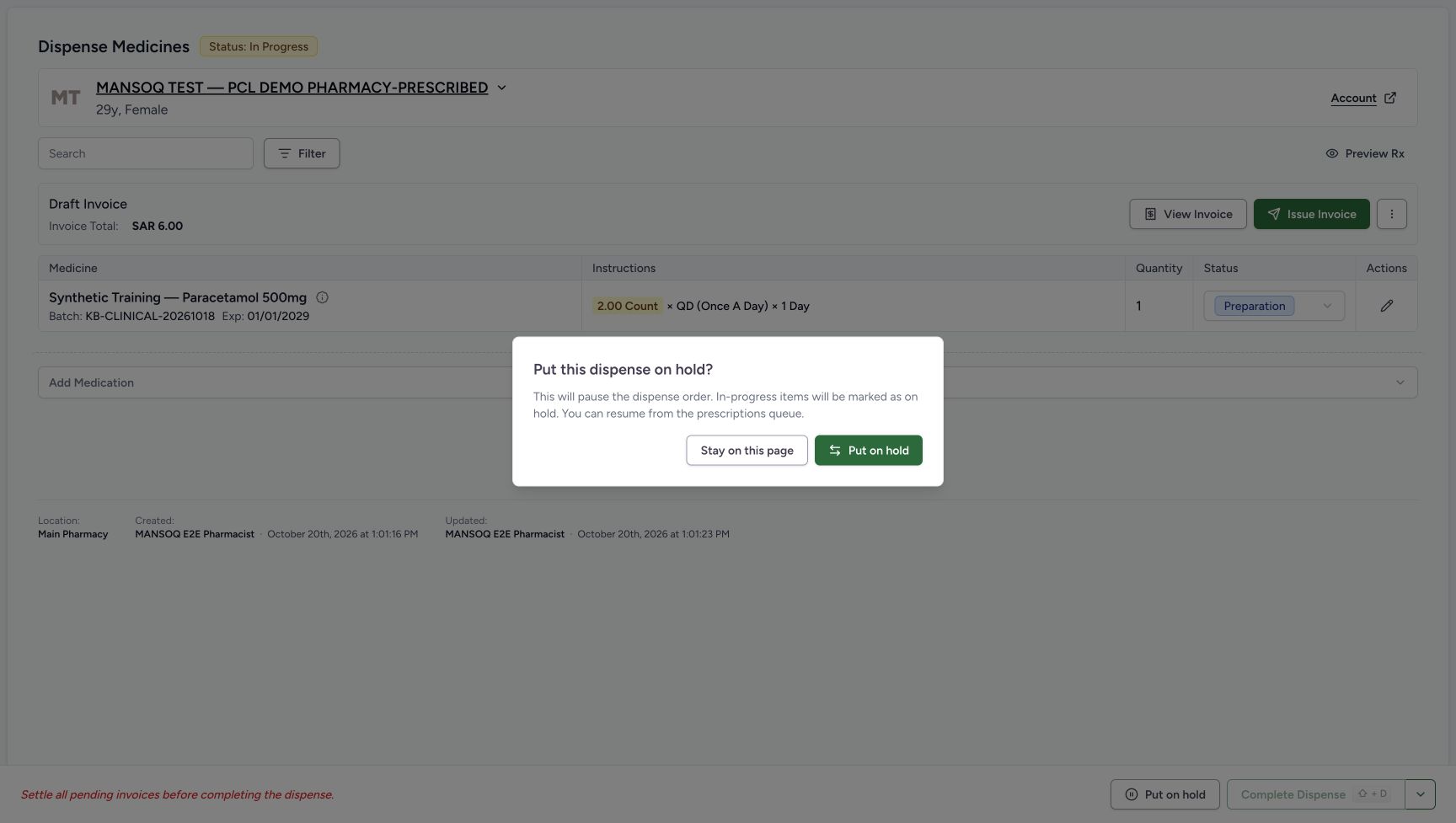 The hold confirmation remains open before saving, with Stay on this page and the confirming Put on hold button.