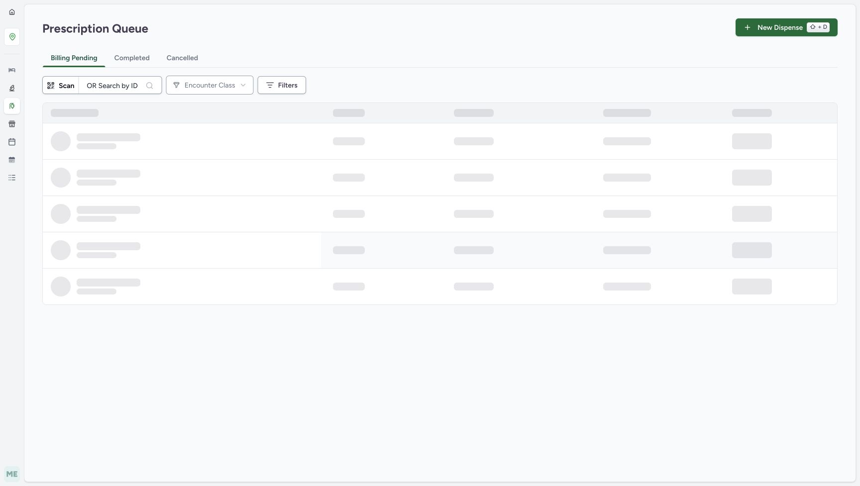 After confirmation the application has redirected to Prescription Queue; its Billing Pending tab is selected and the table is still showing loading placeholders.
