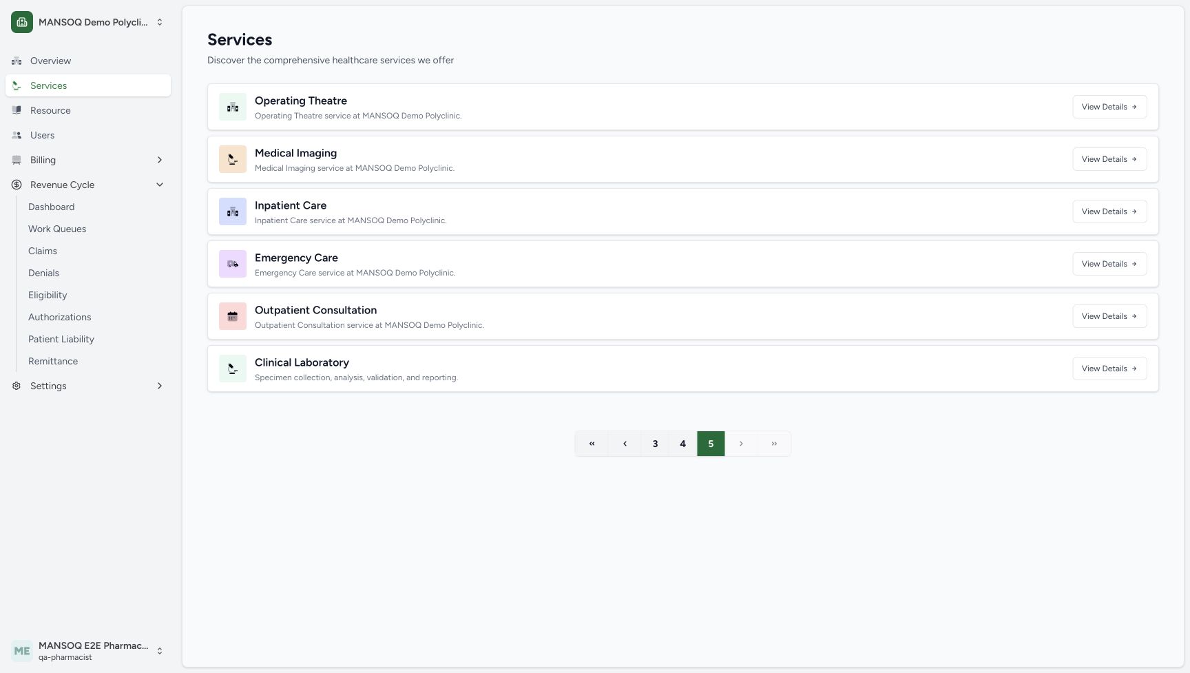 Services page 5 shows its visible pagination and page 4 control, with no Main Pharmacy card on this page.