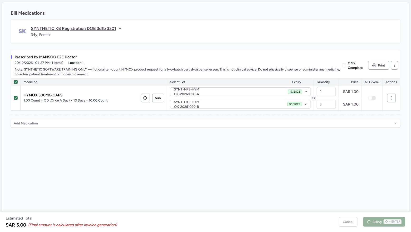 The footer displays Billing with its action disabled after the one Bill Selected.