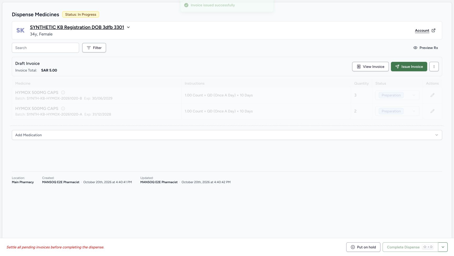 Invoice issued successfully is visible while the older Draft banner remains during refresh.