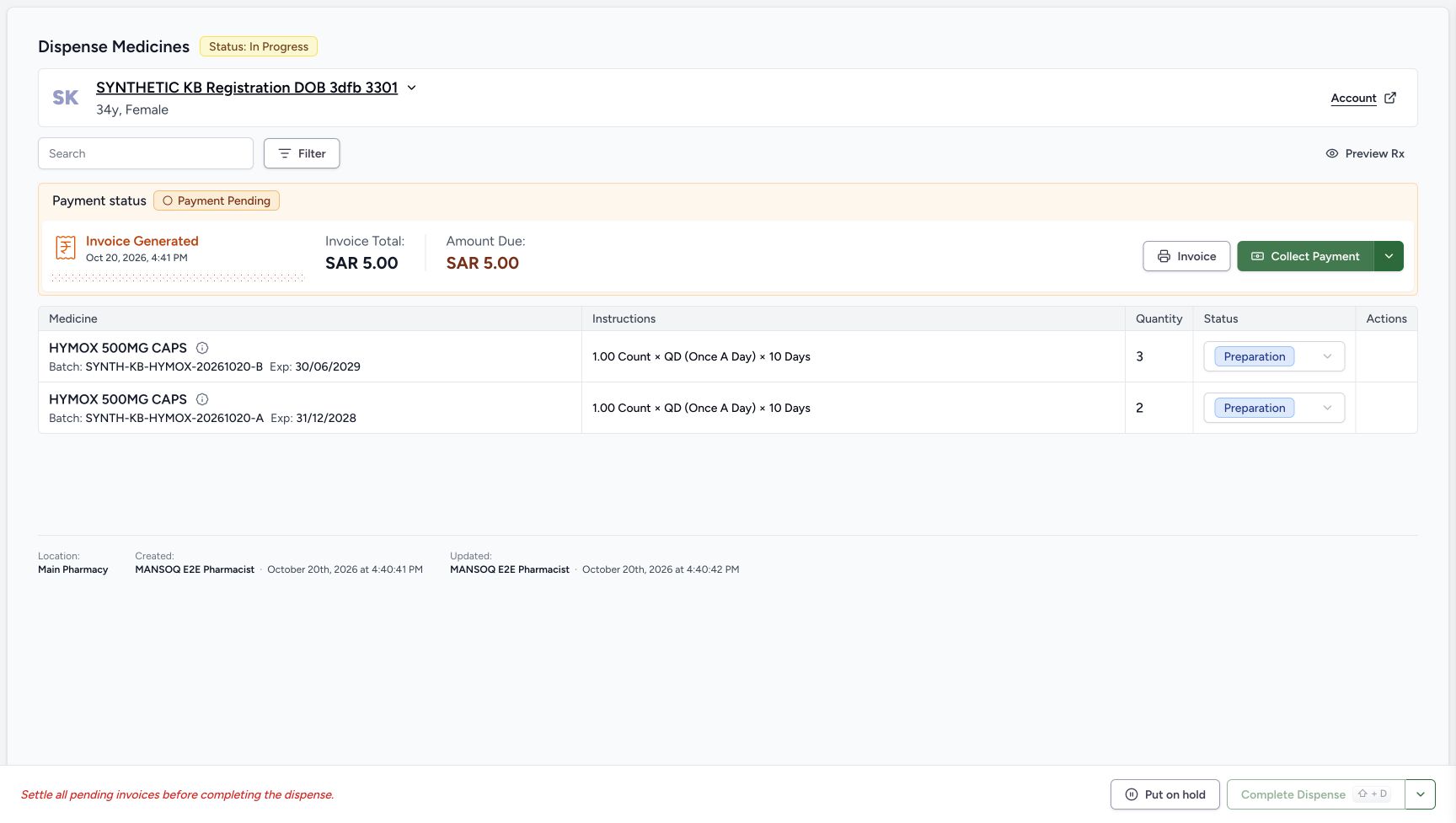 The settled order shows Payment Pending, Invoice Generated, total SAR 5.00, due SAR 5.00 and Collect Payment; no payment sheet is open.
