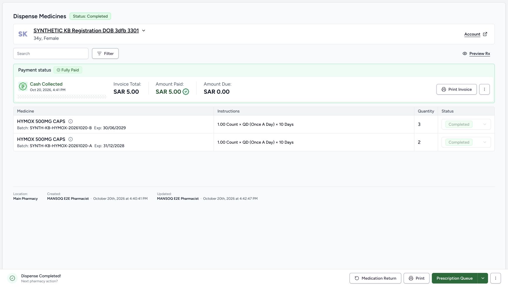 The reloaded order retains Completed, both quantities and Completed rows, SAR 5.00 paid and zero due.