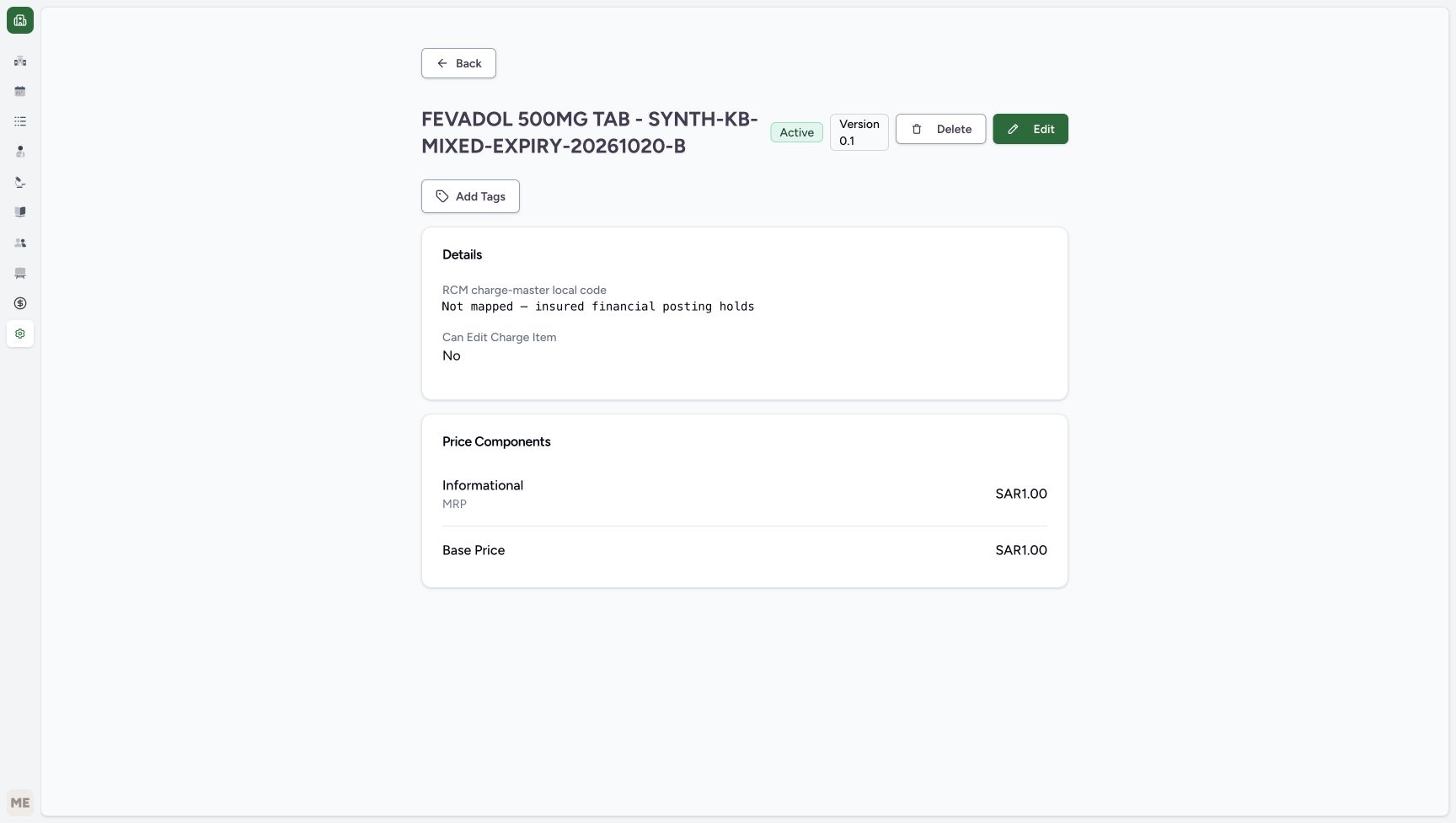 The lot B Charge Item Definition also shows informational MRP SAR 1.00, Base Price SAR 1.00 and the insured-posting hold.
