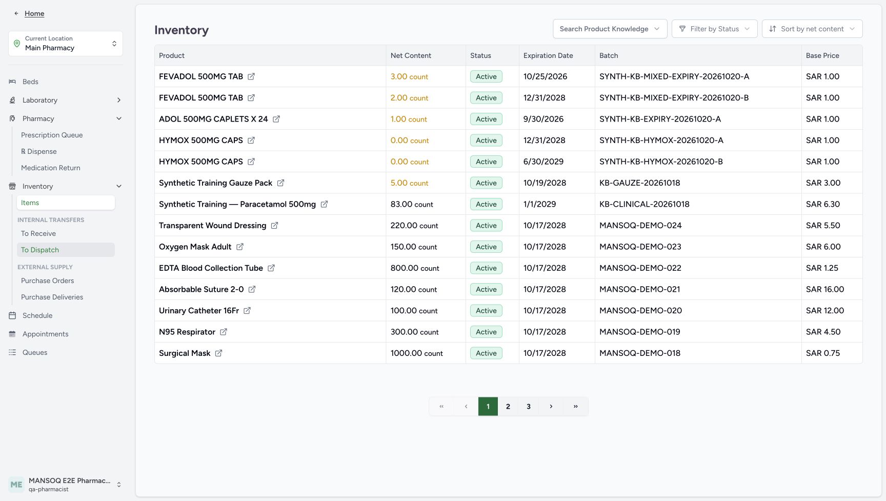 The expanded Main Pharmacy menu shows Prescription Queue and Inventory Items, with the ordinary Pharmacist account visible.