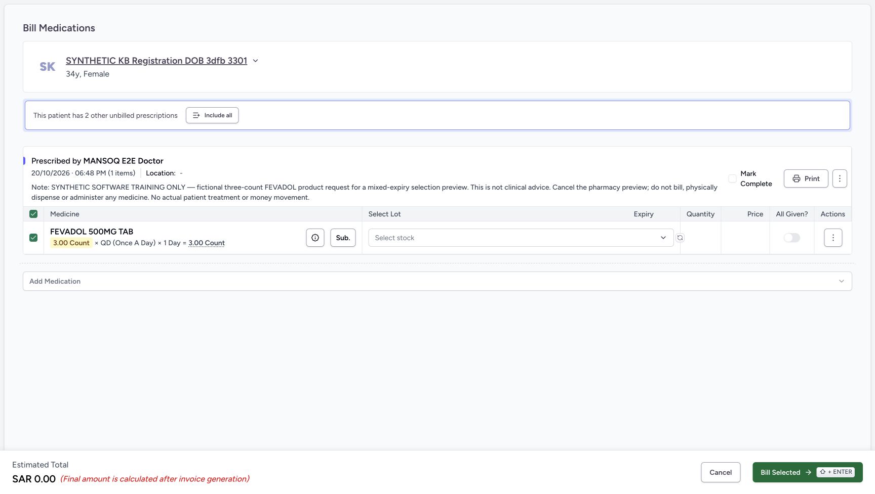 After B is unchecked, the selector is empty and the estimate is SAR 0.00; the completion controls remain off.