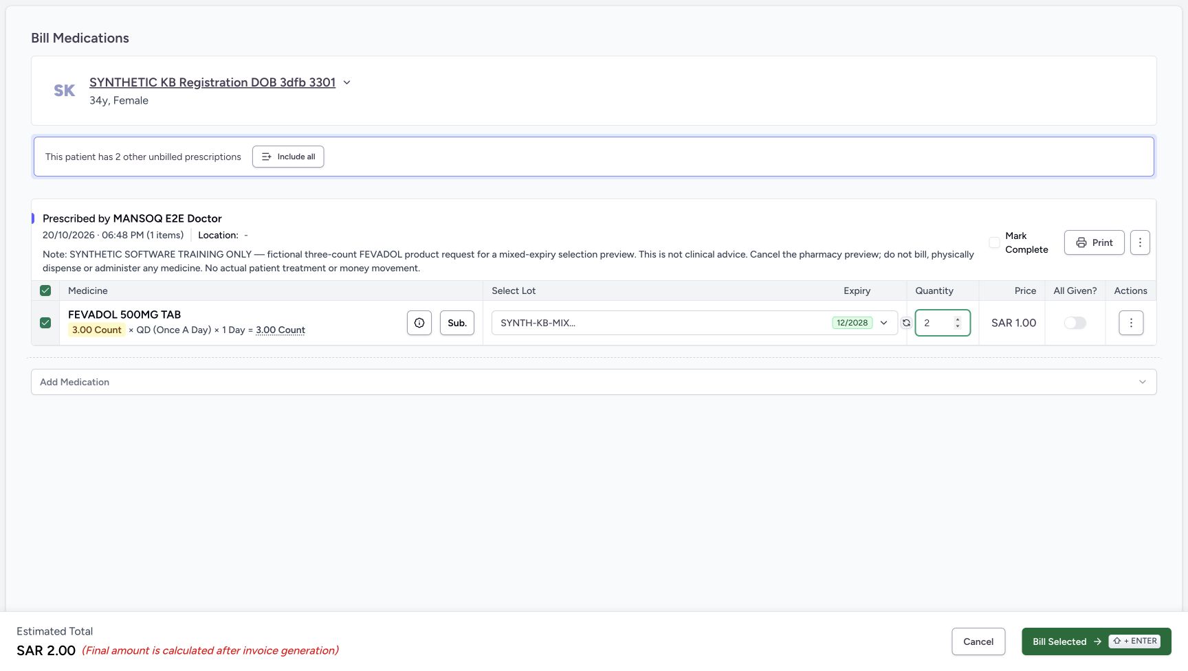 The final unsaved preview contains B quantity two and estimated SAR 2.00, while the original request remains three count and both completion controls are off. Cancel is available.