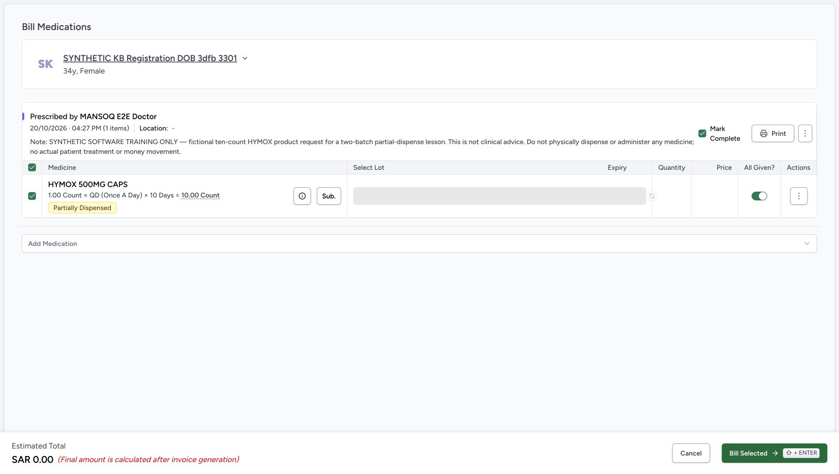The billing form initially shows a gray loading region and disabled Auto-select, with All Given on and Mark Complete checked.