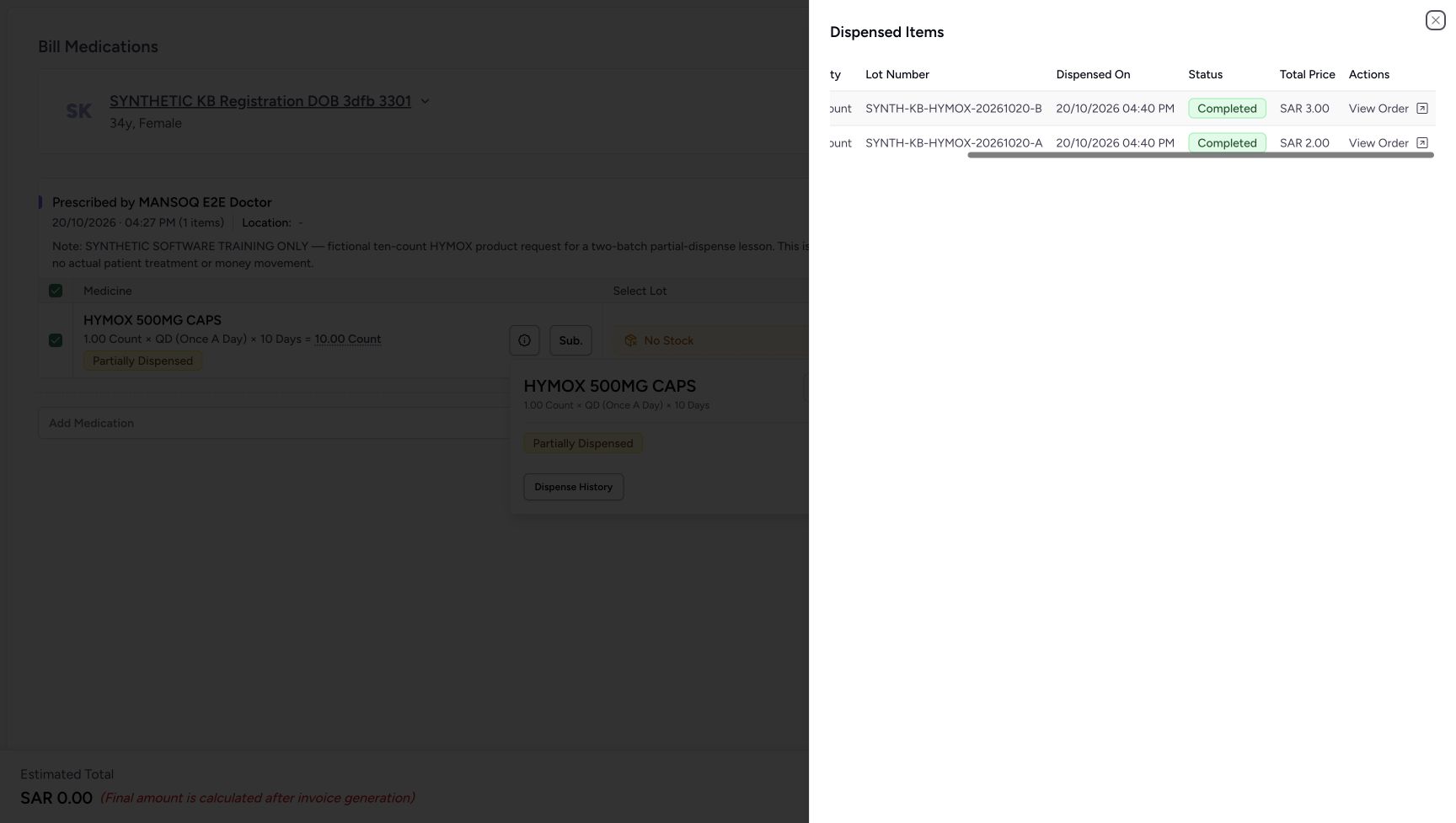 A native horizontal table scroll reveals the earlier SAR 3.00 and SAR 2.00 row totals, Completed badges and View Order links; no View Order click was made.