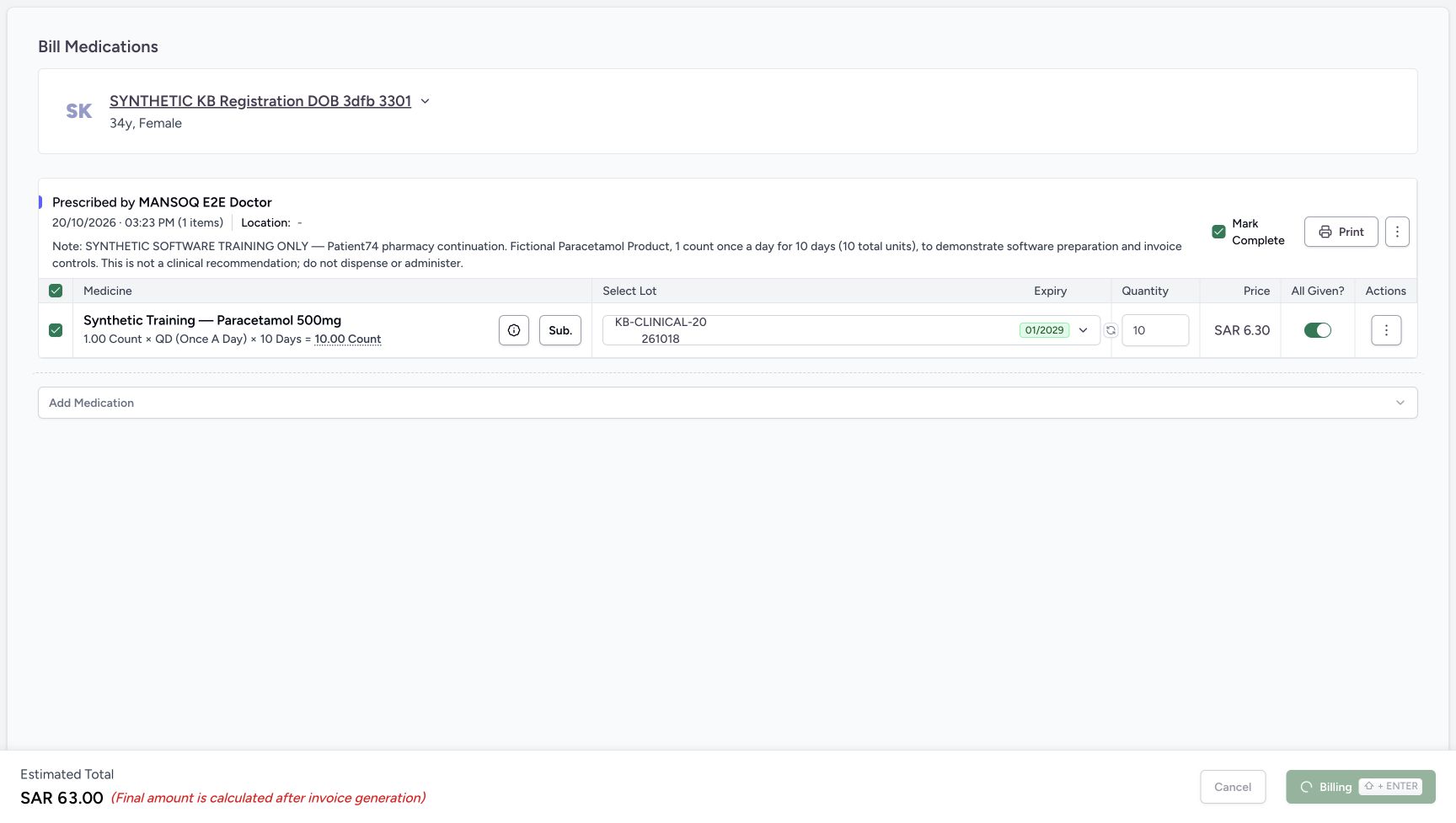 The billing form still shows the reviewed row while its footer action reads Billing and is disabled during the request.