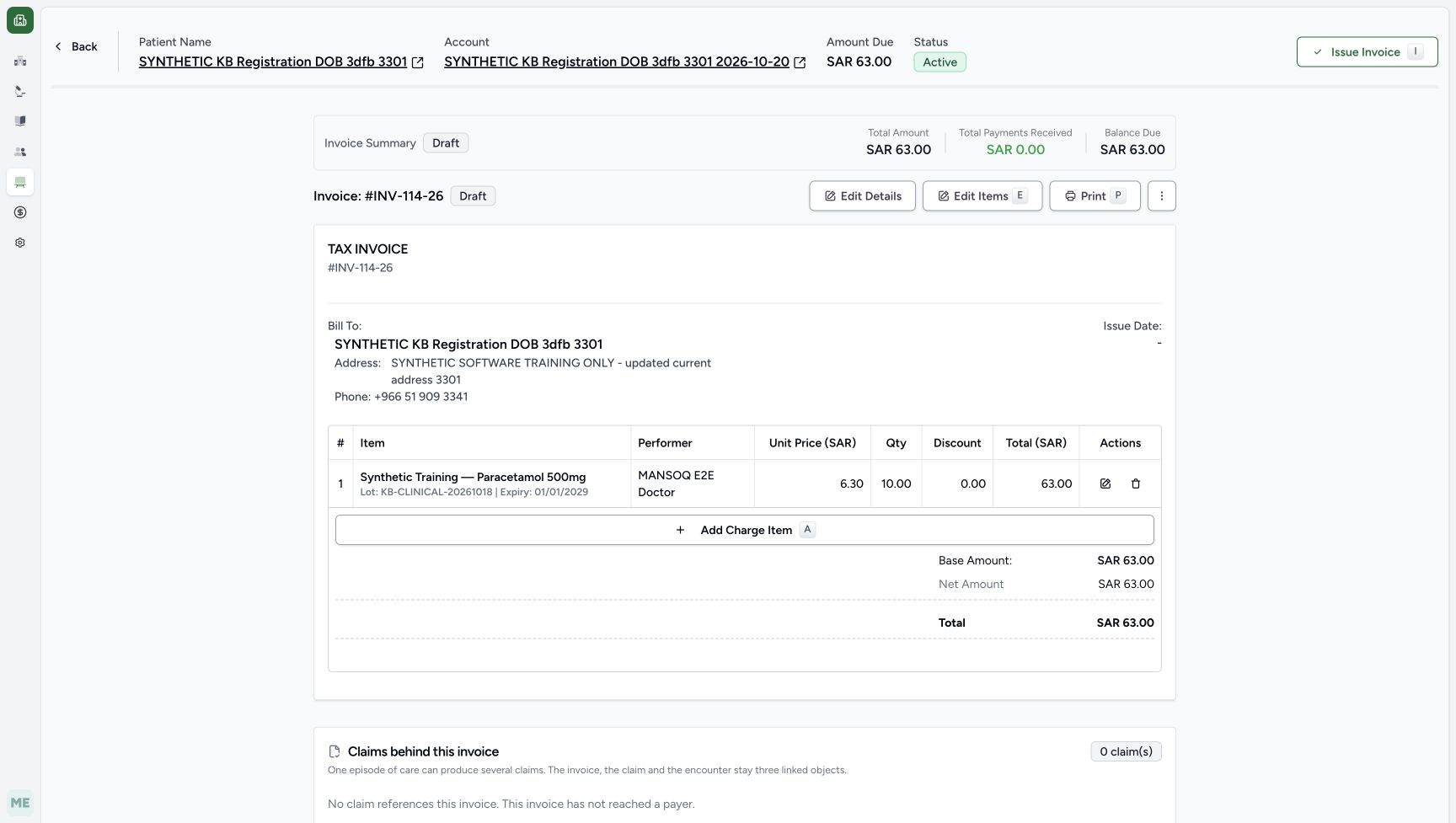 Generated INV-114-26 is Draft with one line at 6.30 times 10, total 63.00, received 0.00 and balance 63.00; the separate account is Active and due 63.00.