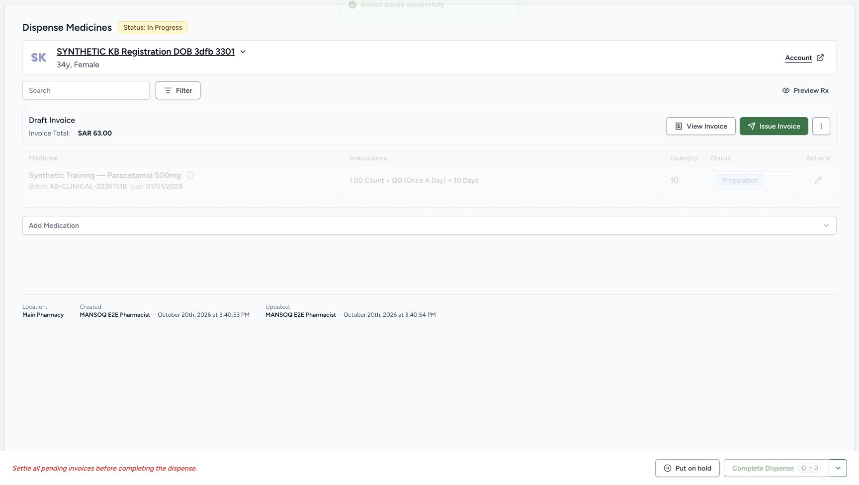 The immediate issue view still shows the old Draft banner while the result refreshes; it is not the settled issued state.