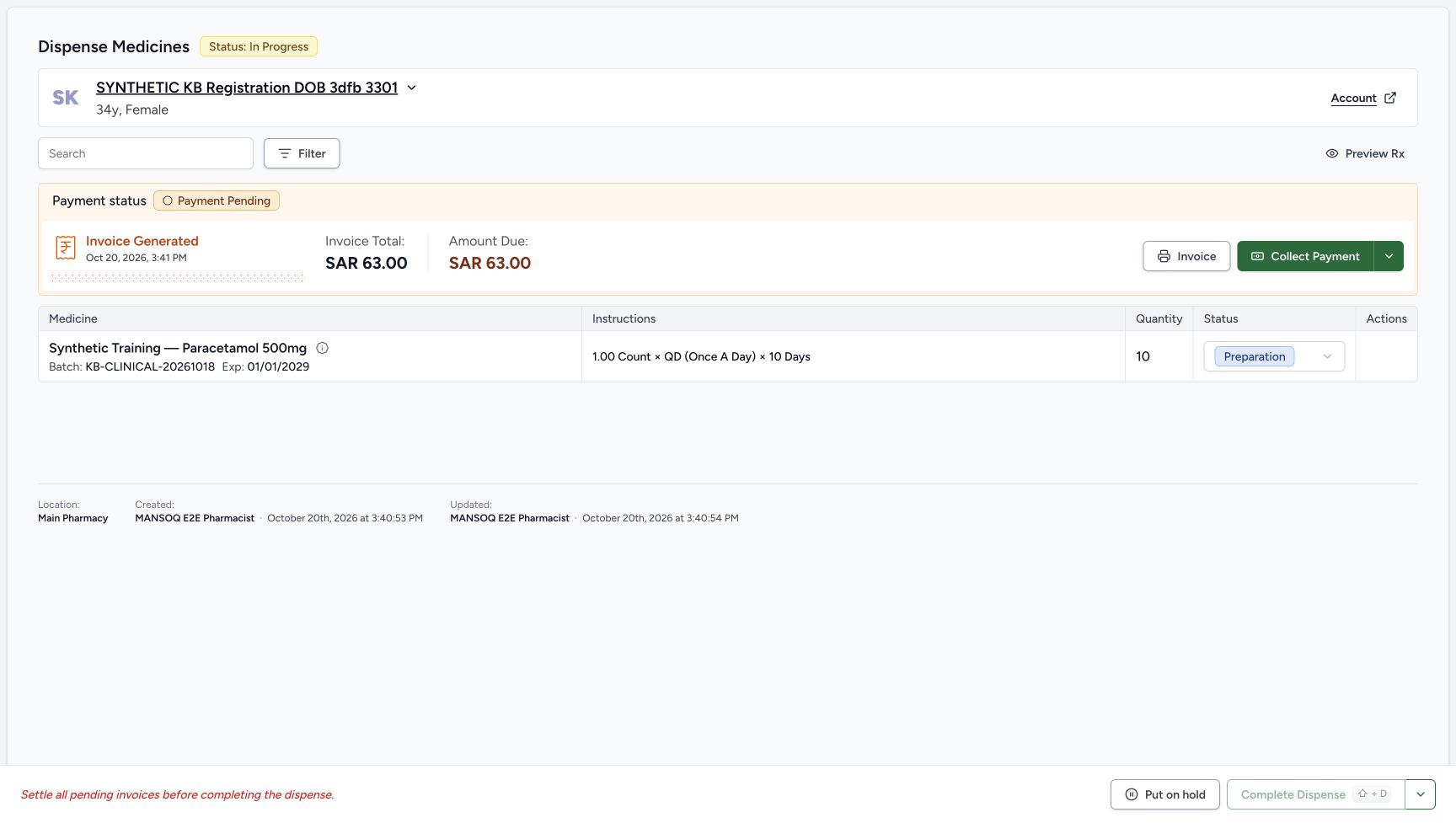 The settled order shows Payment Pending, Invoice Generated, invoice total SAR 63.00, amount due SAR 63.00 and Collect Payment; the medicine is still Preparation.