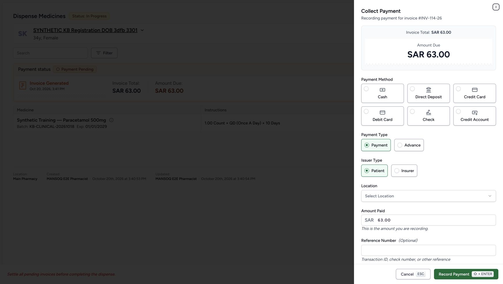 Collect Payment for INV-114-26 shows payment-method choices, Payment and Patient selected, an unselected location and Amount Paid 63.00.