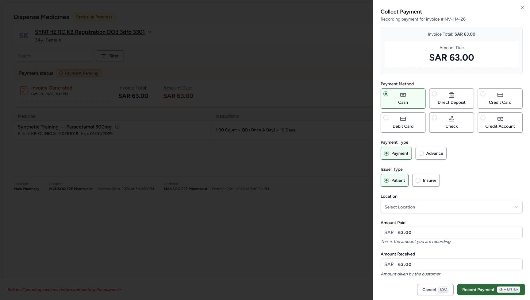 Cash is selected and the form shows separate Amount Paid 63.00 and Amount Received 63.00 fields; location is still unselected.